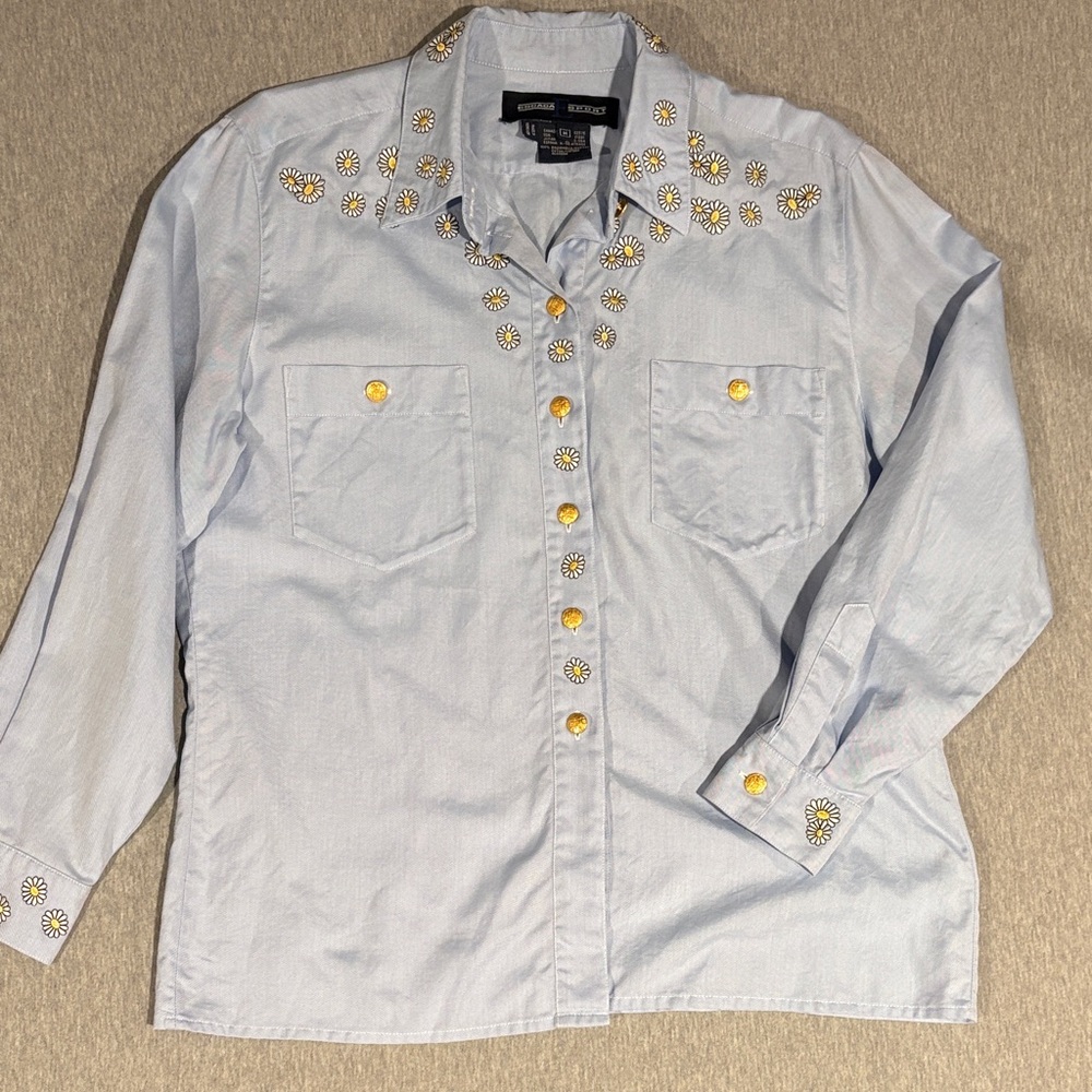 Vintage Escada Sport Lt. Blue Shirt with Daisy Embroidery and Gold Buttons